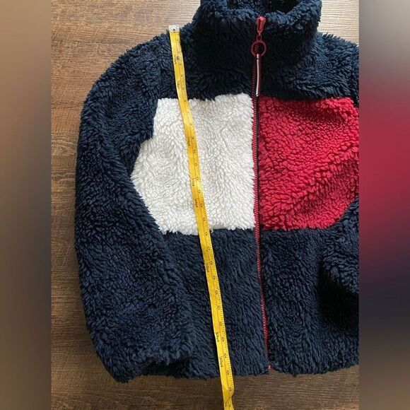 TOMMY HILFIGER Women's Sherpa Jacket Color block logo full-zip teddy bear XS EUC - Picture 14 of 16